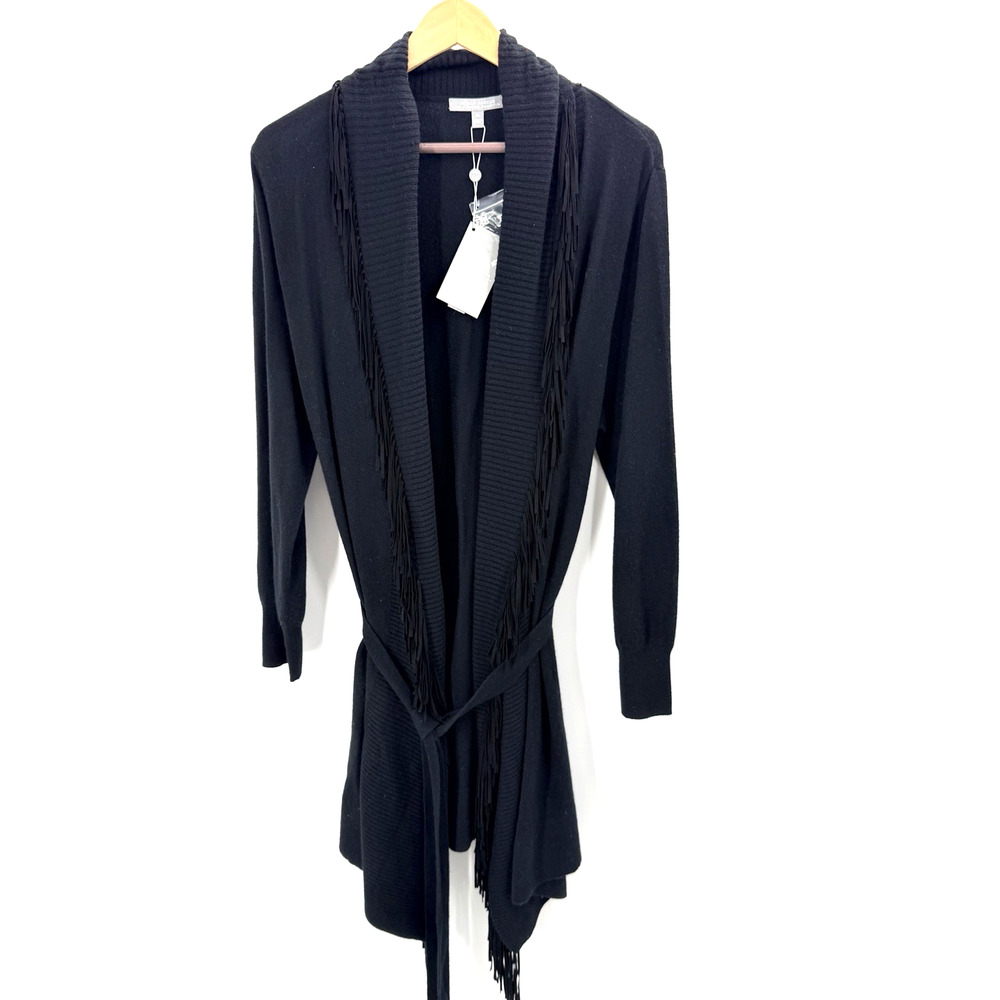 Neiman Marcus Black 100% Cashmere Suede Fringed Cardigan Womens XL